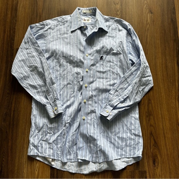 Disney Mickey Mouse Shirt Mens Medium Blue Pinstriped Button Front Pocket Cotton - Picture 1 of 10